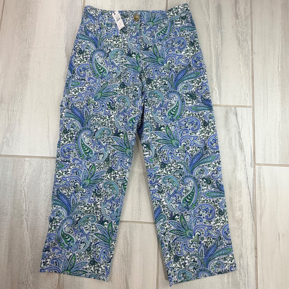 Talbots Womens 2 Blue Green Paisley Straight Leg Ankle Pants New With Tags